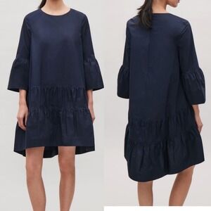 COS Navy A-Line Gathered Seams Dress Slight Hi-Lo Mini Dress - EUR 44 ~ US 14